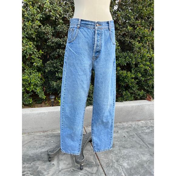 Vintage Structure Baggy Button Fly Blue Denim Jeans 1990s - Picture 3 of 11